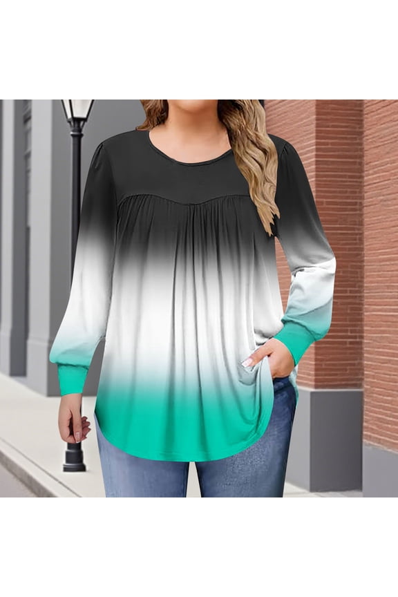 Plus Size Women's Color Block Casual T-Shirt Top, Long Sleeve Round Neck Shirt for Home Relaxation, Soft Stretch Daily Wear Blouse