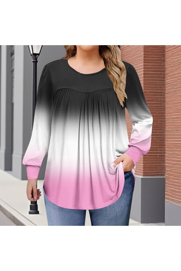 Plus Size Women's Color Block Casual T-Shirt Top, Long Sleeve Round Neck Shirt for Home Relaxation, Soft Stretch Daily Wear Blouse