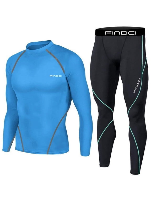 Sports Running Set for Men, Men's Compression Shirt Skin-Tight Pants, uick Dry Fitness Tracksuit Suit Two-piece Gym Sky Blue S (US Size:4)
