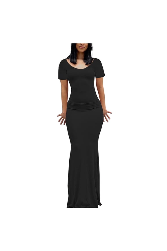 Summer Dresses for Women 2023 Casual Round Neck Short Sleeve Slimming Solid Dresses Black M (US Size:6)