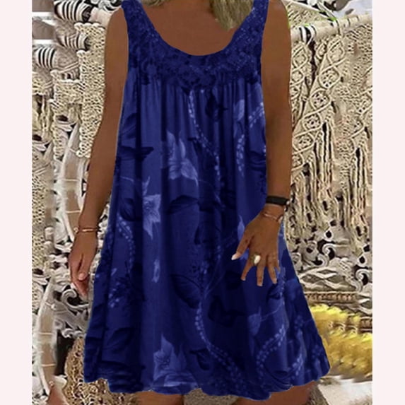 Pejock Summer Dresses for Women 2023 Round Neck Lace Patchwork Printed Loose Sleeveless Dress Navy L (US Size:8)