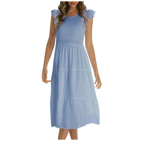 Pejock Summer Dresses for Women 2023 Round Short SleeveNeck Solid Dress Light Blue M (US Size:6)