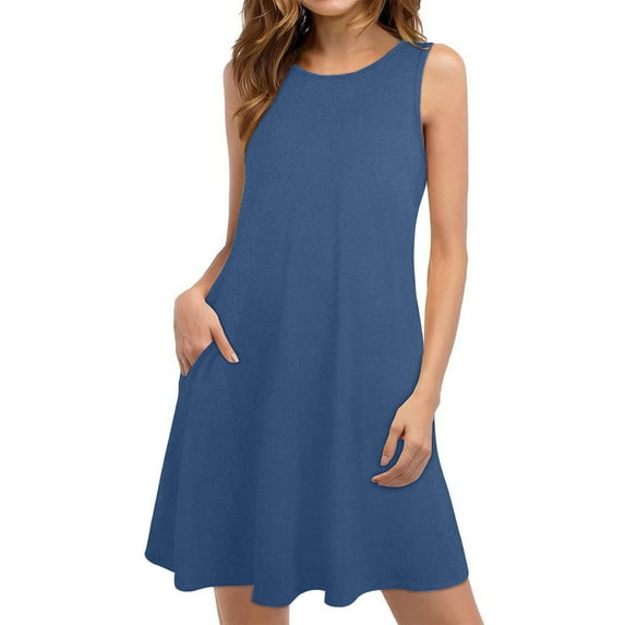 Pejock Summer Dresses for Women Beach Floral Tshirt Sundress Sleeveless Pockets Casual Loose Tank Dress Navy A M (US Size: 6)