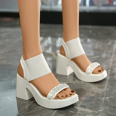 Pejock Summer Sandals Savings Clearance 2023! Women's Chunk Low Heel Pump Sandals Rhinestone Thick Heel Square Head Sandals