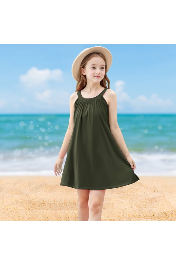 Toddler Girls Sleeveless Stretchy Dress - Solid Color Suspenders & Camisole A-Line Jumper for Play, Party, Daily Wear (4-14 Years)