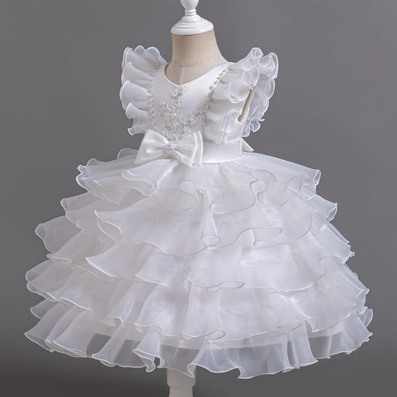 Pejock Toddler Girls Summer Lace Dress - Off-Shoulder Ruffled Sleeves, Embroidered Mesh Princess Bow Skirt, Breathable Round Neck Party Outfit for Kids Age 3-12Y