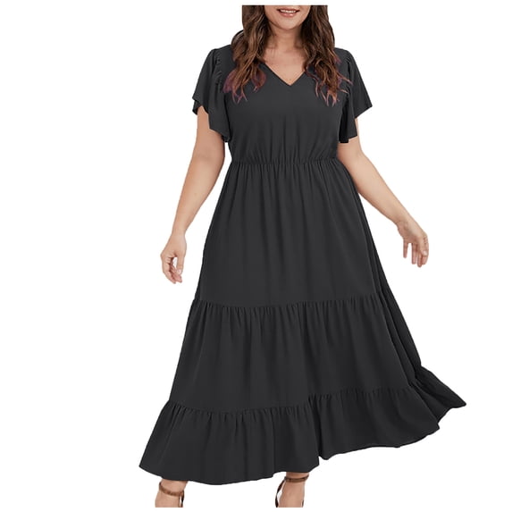 Pejock Women Casual Loose Bohemian Dress Plus Size Short Sleeve V Neck Ruffle Tiered Maxi Dress Summer Beach Swing Dress with Pocket Black 4XL (US Size: 22)