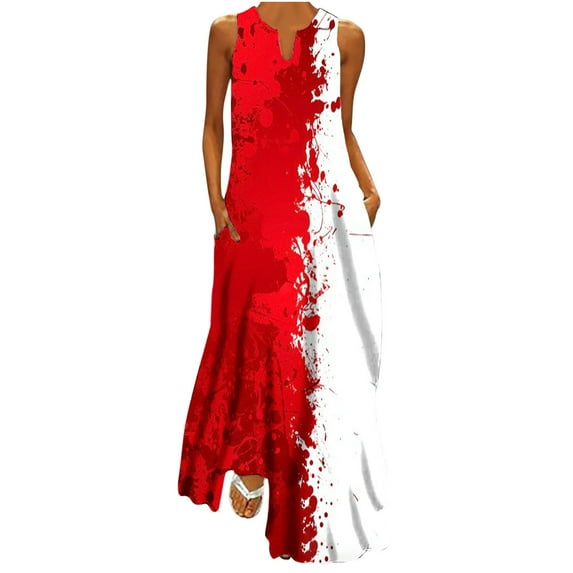 Pejock Women Casual Loose Bohemian Floral Dress with Pockets Sleeveless V Neck Long Maxi Dress Beach Swing Dress Tank Dress Colorful Sundresses Red XXL (US Size: 12)