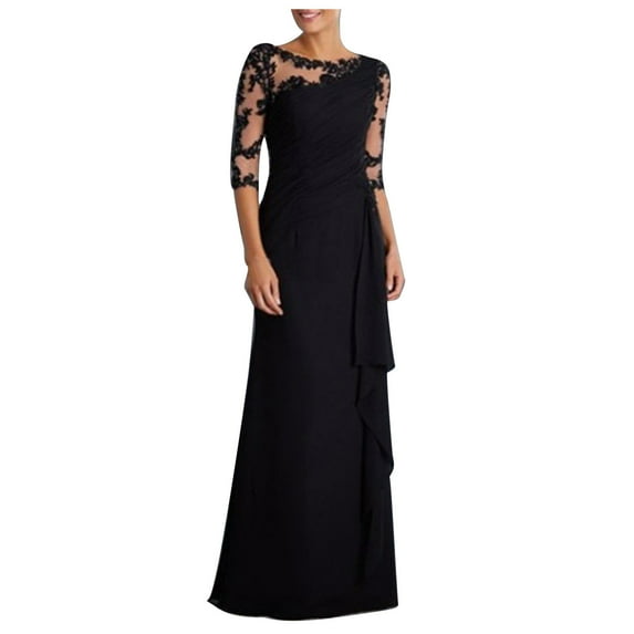 Pejock Women Evening Party Wedding Guest Dresses Maxi Dresses Casual Round Neck Short Sleeve Solid Long Dress Black L (US Size:8)