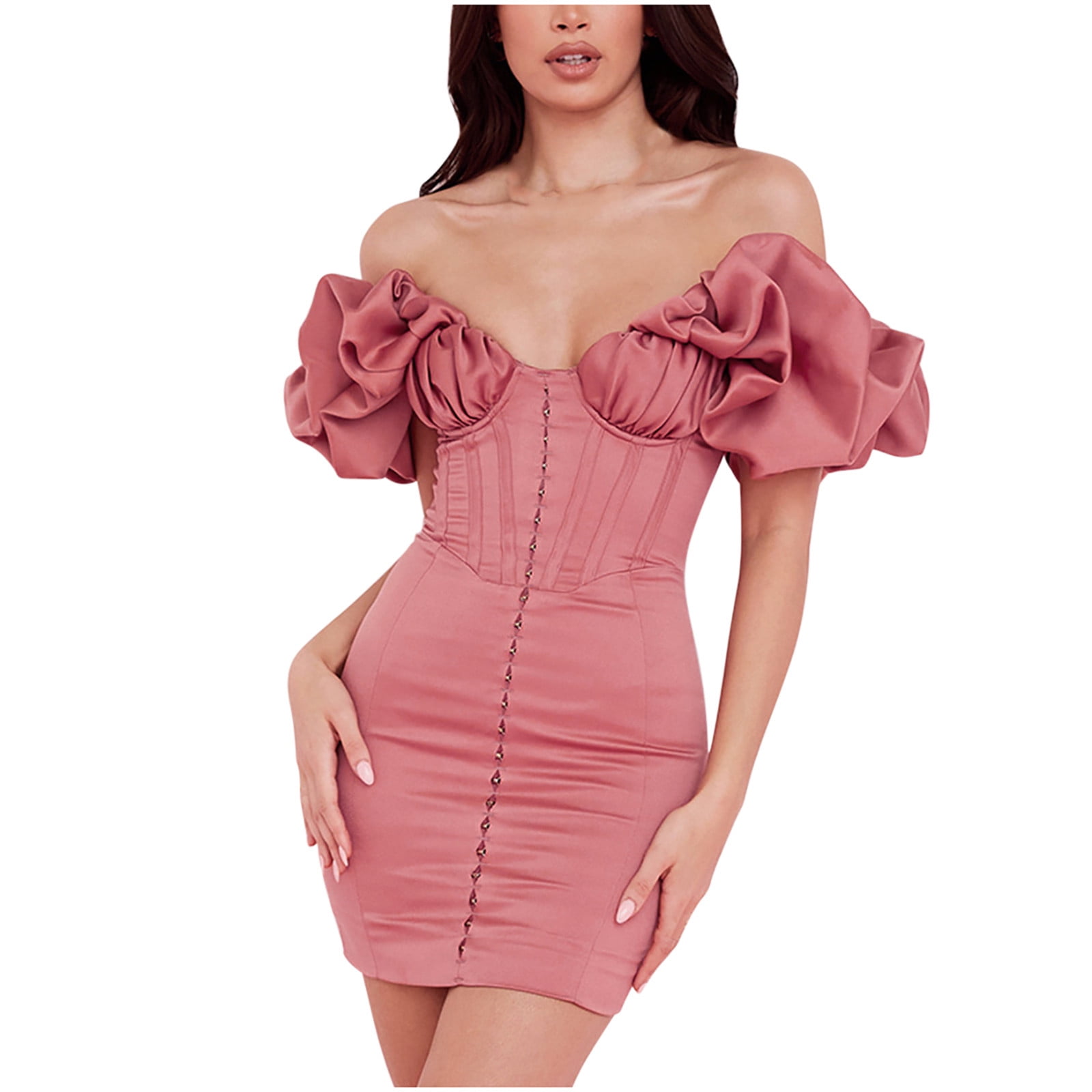 Dresses for Women 2022 Rose Sexy Bra Off Shoulder Ruffle Hem High Slit  Party Dress Evening Dresses - AliExpress