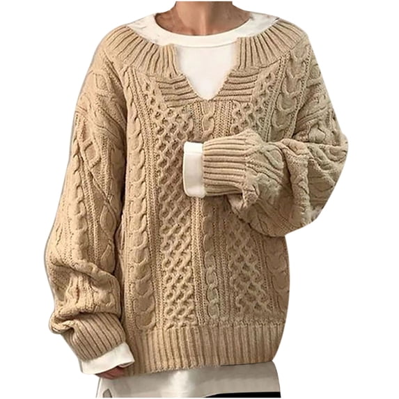 Pejock Women Long Sleeve Solid Crewneck Tops Casual Loose Knitted Sweaters Blouses Shirts Tops Beige 3XL (US Size:14)