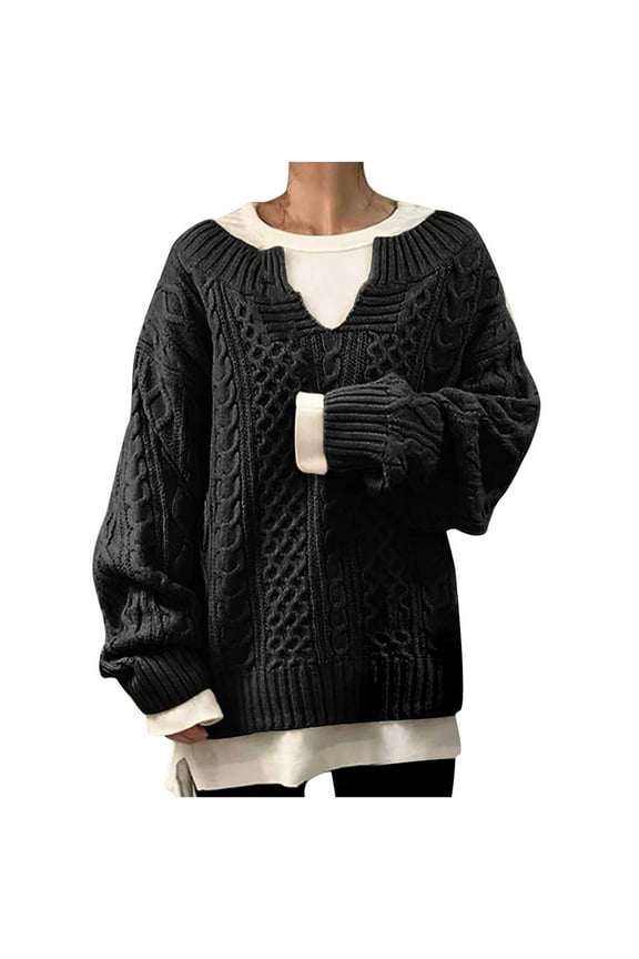 Women Long Sleeve Solid Crewneck Tops Casual Loose Knitted Sweaters Blouses Shirts Tops Black XXL (US Size:12)