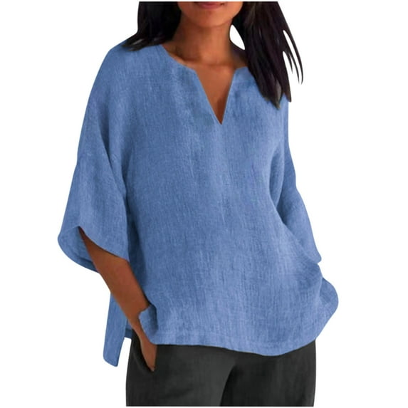 Pejock Women Plus Size Cotton Linen Tops Summer Solid Loose Basic Tops Oversized 3/4 Sleeves T Shirt V Neck Tees Tops Blouses Sky Blue L (US Size:8)