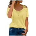 thumbnail image 1 of Pejock Women Plus Size Summer Hollow Out T-Shirt Lace Splicing V-Neck Short Sleeve Strapless Loose Tunic Tops Blouses Tees Shirts Yellow M (US Size:6), 1 of 7