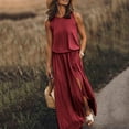 thumbnail image 1 of Pejock Women Summer Bohemian Solid Fork Opening Dress Casual Sleeveless Belt A-Line Maxi Dress Pleated Hem Swing Sun Dress Red M (US Size: 6), 1 of 5