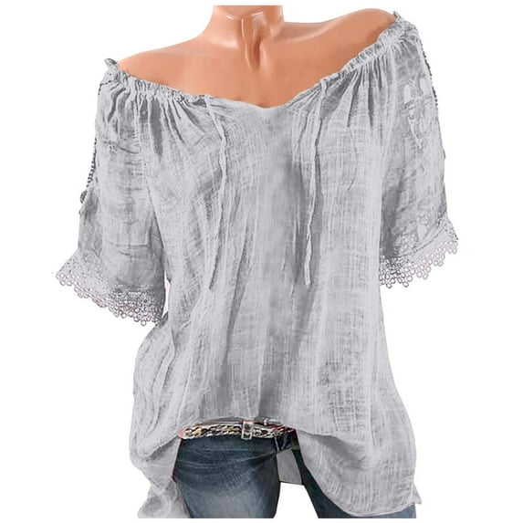 Pejock Women Summer Casual Cold Off Shoulder Tshirts Lace Patchwork Short Sleeve Tops Oversized Women's Loose Dressy Tops Shirt Blouse S-5XL