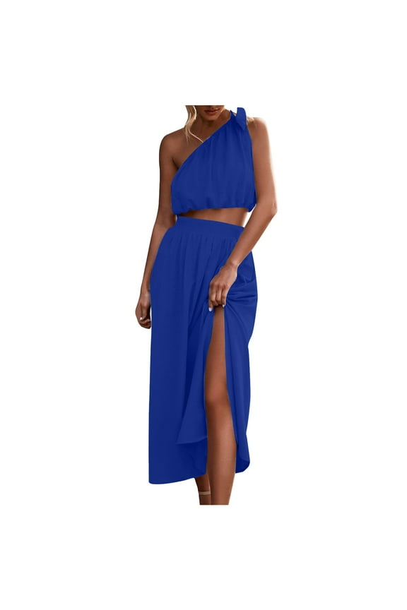 Women's 2 Piece Outfits Tie Knot One Shoulder Tank Top High Waist Side Split Maxi Skirt Dark Blue M (US Size:6)