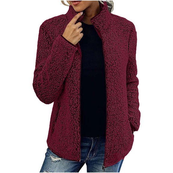 Pejock Women's 2023 Fashion Winter Coat Long Sleeve Lapel Zip Up Faux Shearling Shaggy Oversized Shacket Jacket Fuzzy Fleece Open Front Solid Color Pocket Sweatshirt Coat Outwear Jacket