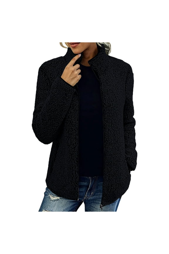 Women's 2023 Fashion Winter Coat Long Sleeve Lapel Zip Up Faux Shearling Shaggy Oversized Shacket Jacket Fuzzy Fleece Open Front Solid Color Pocket Sweatshirt Coat Outwear Jacket