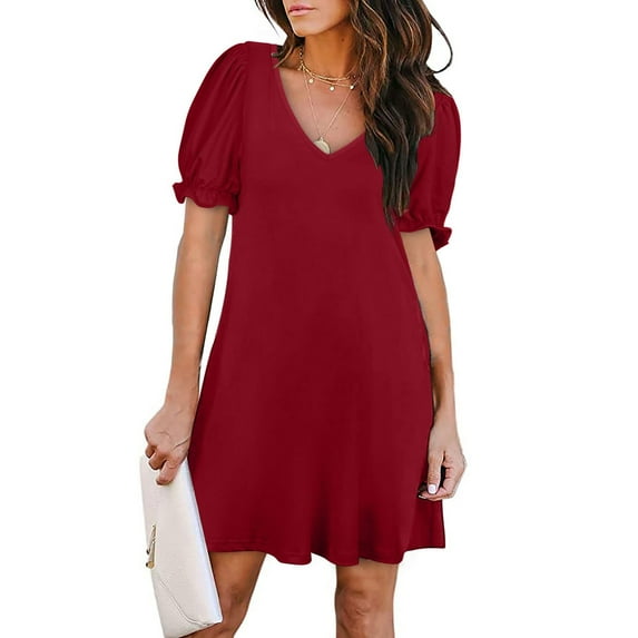Pejock Women's 2023 Summer Casual Beach Dresses V Neck Short Sleeve Party Club Mini T Shirt Dress Sun Dress Red M (US Size: 6)