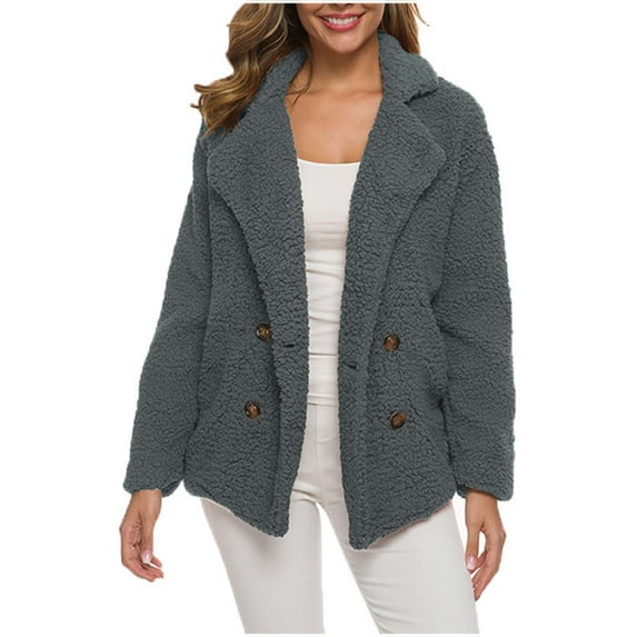 Pejock Women's Button Down Sherpa Shacket Jacket Winter Lapel Double Breasted Lamb Sweater Jacket Fuzzy Fleece Short Coats with Pockets S-5XL