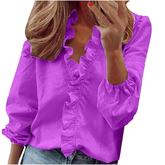 Pejock Women's Button Down Shirt Dressy Casual Womens Summer Tops Long Sleeve Fashion Floral Ruffle V Neck Blouses Plus Size Shirts for Work Business Casual T Shirts