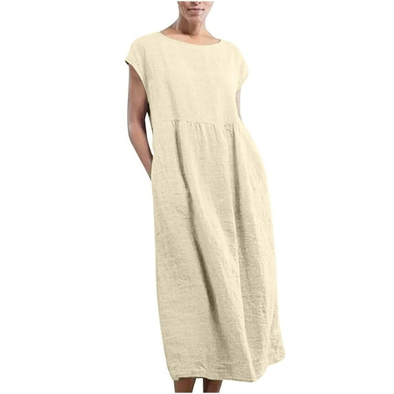 Pejock Women's Casual Loose Sundress Summer Sleeveless Retro Long Dress Oversized Cotton And Linen Maxi Dresses Solid Crewneck Swing Dress Flowy Tiered Maxi Beach Dress with Pockets S-5XL