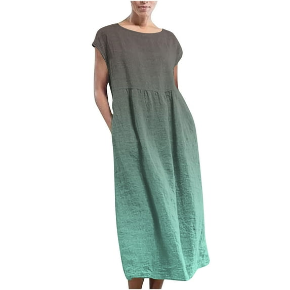 Pejock Women's Casual Loose Sundress Summer Sleeveless Retro Long Dress Oversized Cotton And Linen Maxi Dresses Solid Crewneck Swing Dress Flowy Tiered Maxi Beach Dress with Pockets S-5XL