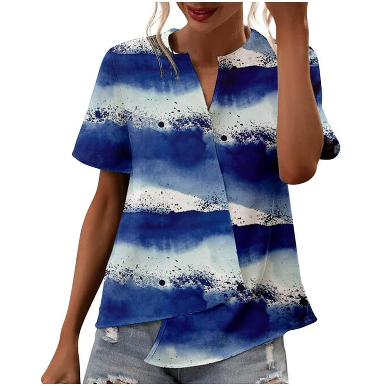 Pejock Women's Casual Split Collar Tops Short Sleeve Patchwork Print  Blouses Summer Slim Fit Asymmetric Shirts Business Shirt Tops Blue B M (US 