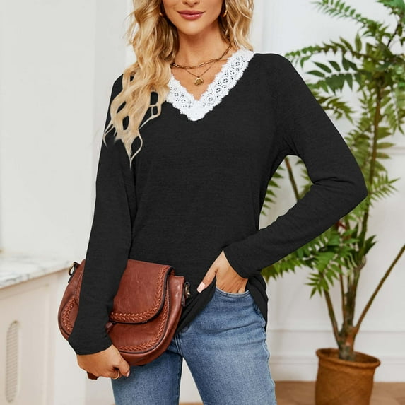 Pejock Women's Casual V-Neck Long Sleeve Blouse, Lace Trim Relaxed Fit Tops, Comfortable Stretch Polyester Spandex Shirt for Daily Wear and Home