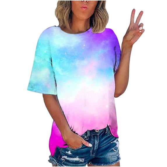 Pejock Women's Classic-Fit Short-Sleeve Crewneck T-Shirt Plus Size Casual Gradient Print Fashion Tops Summer Basic Tees Oversized Tshirts Blouse S-5XL