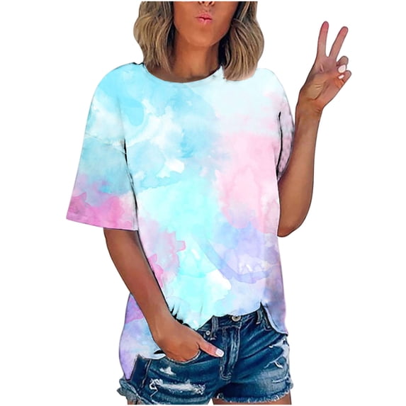 Pejock Women's Classic-Fit Short-Sleeve Crewneck T-Shirt Plus Size Casual Gradient Print Fashion Tops Summer Basic Tees Oversized Tshirts Blouse S-5XL