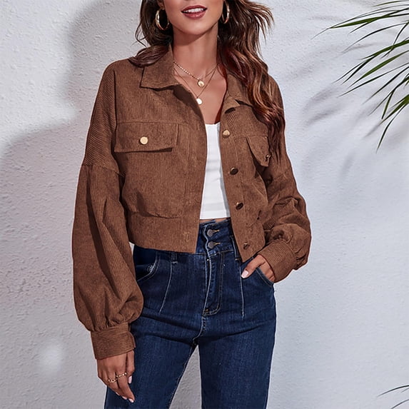 Pejock Women's Corduroy Jacket, Casual Loose Fit Lantern Sleeve Short Coat, Long Sleeve Vintage Style Fall and Winter Outerwear for Daily Street Wear