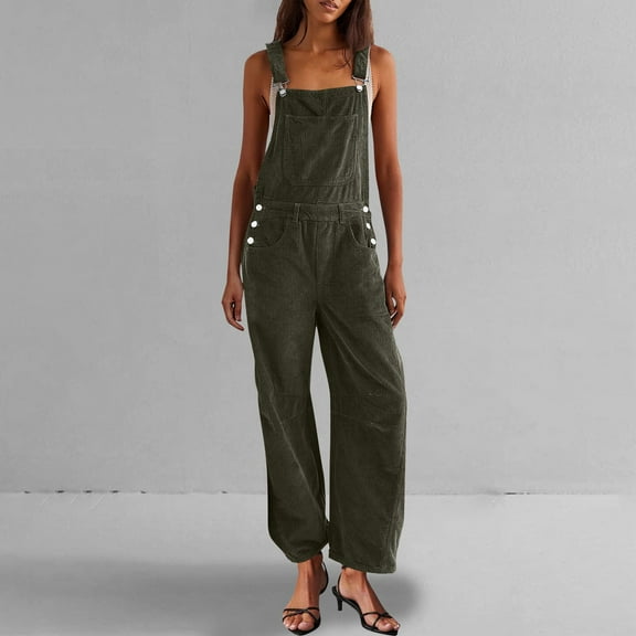 Pejock Women's Corduroy Overalls, Barrel Wide Leg Adjustable Romper with Utility Pockets - Fall Polyester Blend for Casual Farm & Market Wear