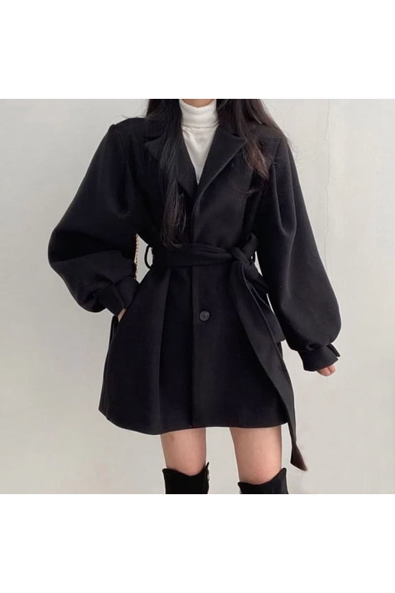 Women's Fashion Casual Tweed Button-Down Collar Mid-Length Lantern Sleeve Coat, 50% Wool 50% Polyester Blend, Long Sleeve Pocket Open Front Sweater Coat for Daily Wear