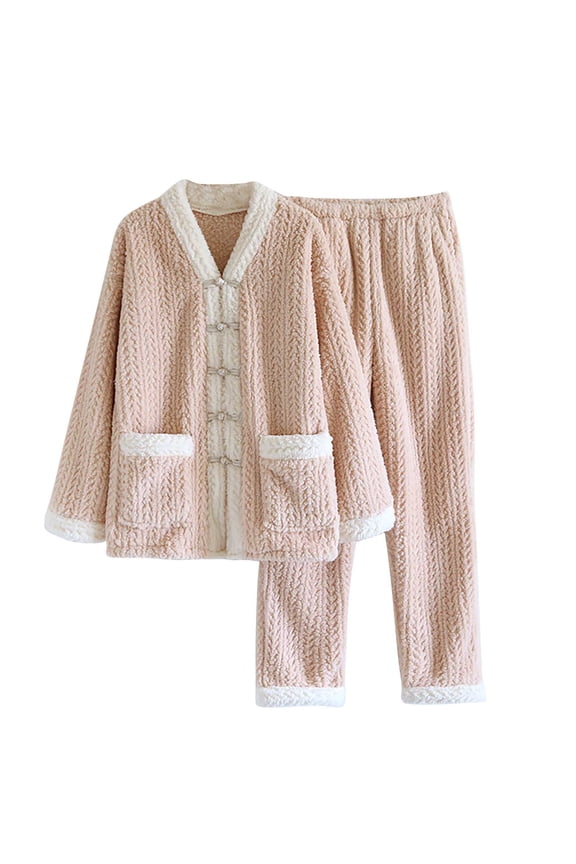 Women's Fluffy Pajamas Set Fleece Button Down Tops and Pants Loose Plush Sleepwear 2 Piece Pjs Set Warm Loungewear