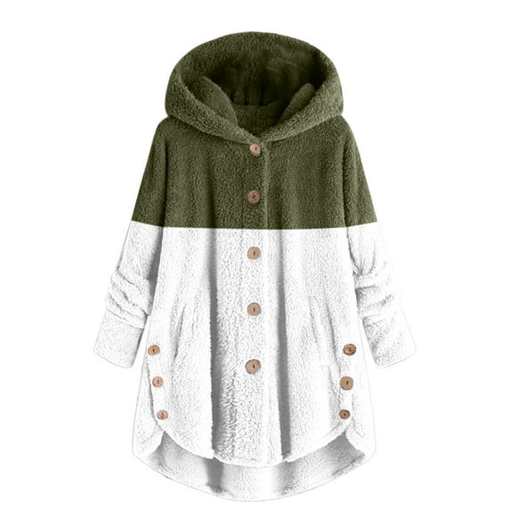 Pejock Women's Fuzzy Jackets V-Neck Button Pullover Sweatshirts Fall Winter Casual Hoodies Long Color Block Warm Sherpa Coat Plus Size S-5XL