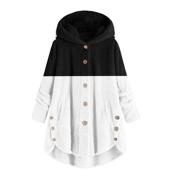 Pejock Women's Fuzzy Jackets V-Neck Button Pullover Sweatshirts Fall Winter Casual Hoodies Long Color Block Warm Sherpa Coat Plus Size S-5XL