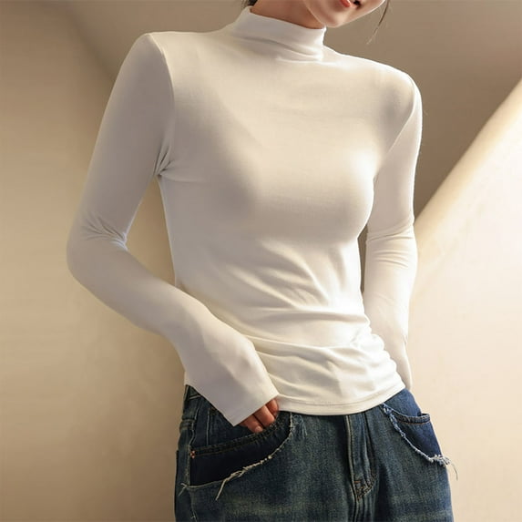 Pejock Women's Half Turtleneck Basic Top, Solid Color Long Sleeve Shirt for Layering, Casual and Office Wear, Soft Stretch Comfort Fit Blouse