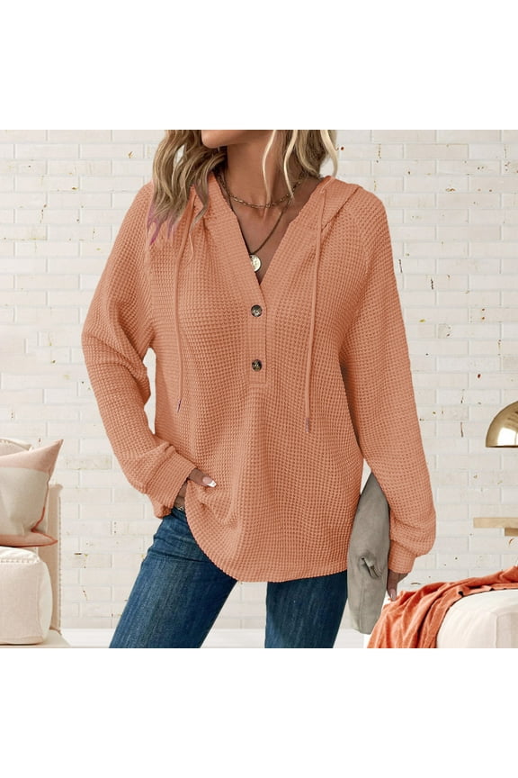 Women's Hooded Button Front Sweatshirt, Long Sleeve Casual Pullover Top with Drawstring, Lightweight Soft Polyester Blouse for Daily Wear, Fall Winter Spring Fashion Comfort