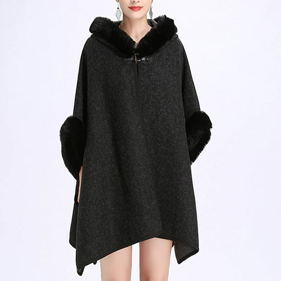 Pejock Women's Hooded Cloak Cardigan, Casual Long Sleeve Open Front Poncho Sweater with Fur Hood, Lightweight Blouse Top for Spring and Fall