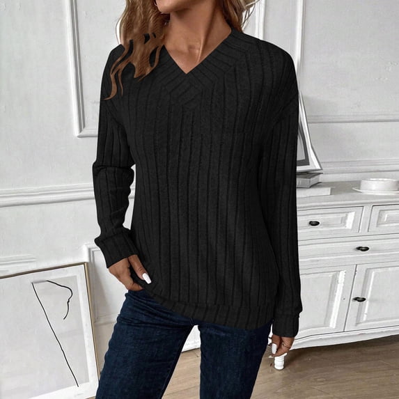 Pejock Women's Knitted T-Shirt Long Sleeve V-Neck Top, Casual Stretch Soft Comfortable Blouse, Relaxed Fit Lightweight Shirt for Daily Wear