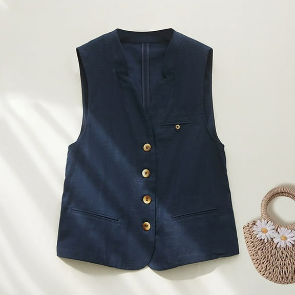 Pejock Women's Linen Cotton Sleeveless Vest, Casual Open Front Cardigan Jacket, Lightweight Summer Spring Fall Layering Piece for Daily Wear