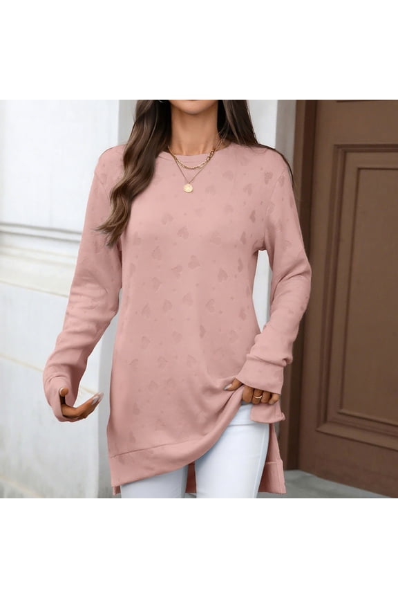 Women's Long Sleeve Knit Top, Casual Loose Fit Slit Hem Blouse, Round Neck Fall and Winter Tops, Comfortable Polyester Shirt for Daily Wear