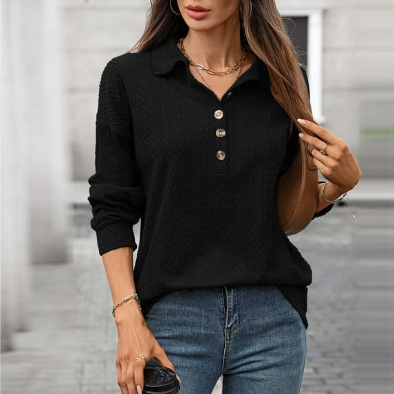 Pejock Women's Long Sleeve Knit Top, Casual Solid Color Round Neck Blouse with Buttons, Comfortable Stretch Polyester Spandex Shirt for Daily Wear and Home Office