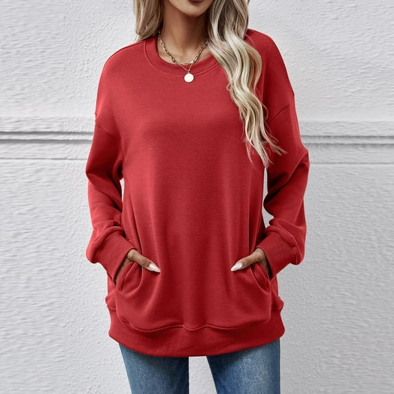 Pejock Women's Long Sleeve Pullover Top with Pockets, Casual Round Neck Solid Shirt, Comfortable Winter Wear Polyester Blouse for Daily Home and Office Use