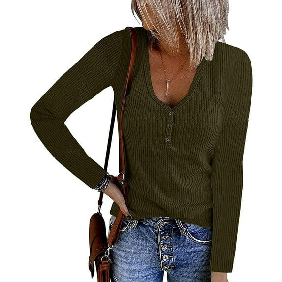 Pejock Women's Long Sleeve V Neck Ribbed Knit Button T Shirts Henley Solid Color Plus Size Spring Fall Tops Army Green L (US Size:8)