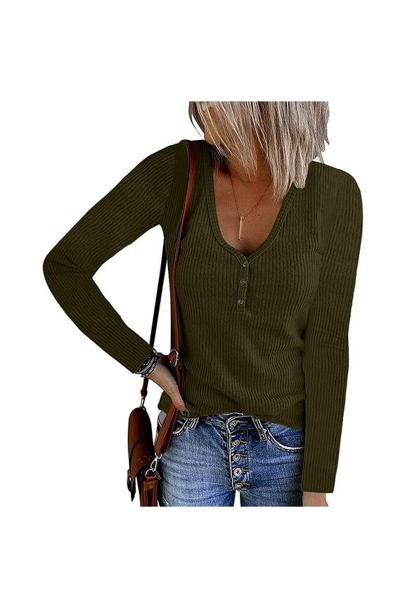 Women's Long Sleeve V Neck Ribbed Knit Button T Shirts Henley Solid Color Plus Size Spring Fall Tops Army Green M (US Size:6)