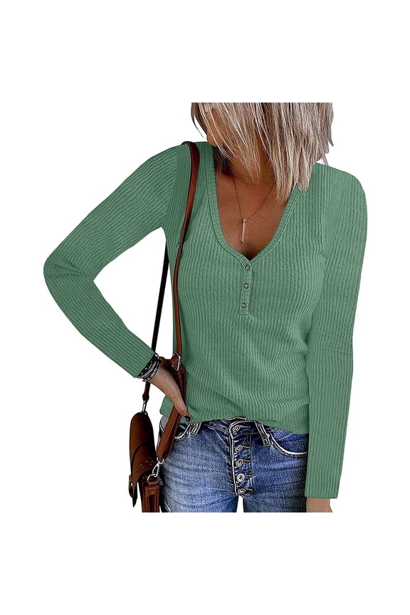 Women's Long Sleeve V Neck Ribbed Knit Button T Shirts Henley Solid Color Plus Size Spring Fall Tops Mint Green L (US Size:8)