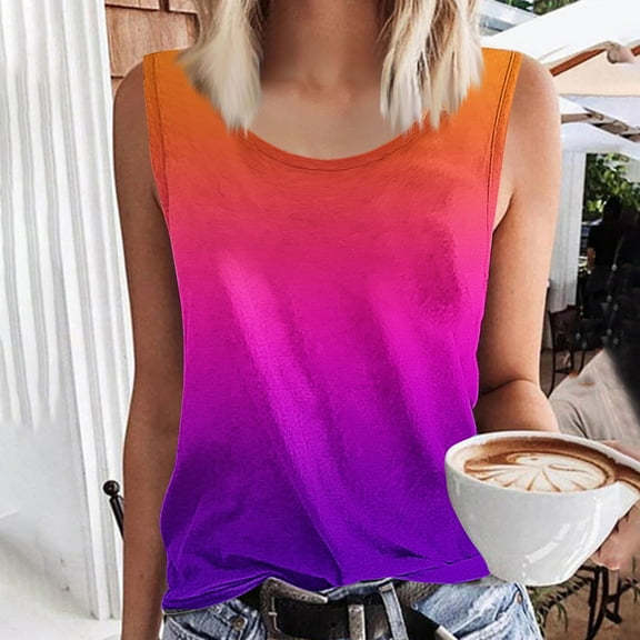 Pejock Women's Ombre Round Neck Tank Top, Basic Casual Sleeveless Shirt,, Soft Stretchy Summer Top, Breathable Loose Fit Casual Blouse, Fade Resistant Fabric
